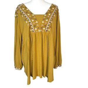 J. JILL Women's 3X Mustard‎ Yellow Embroidered Beaded Long Sleeve Boho Tunic Top